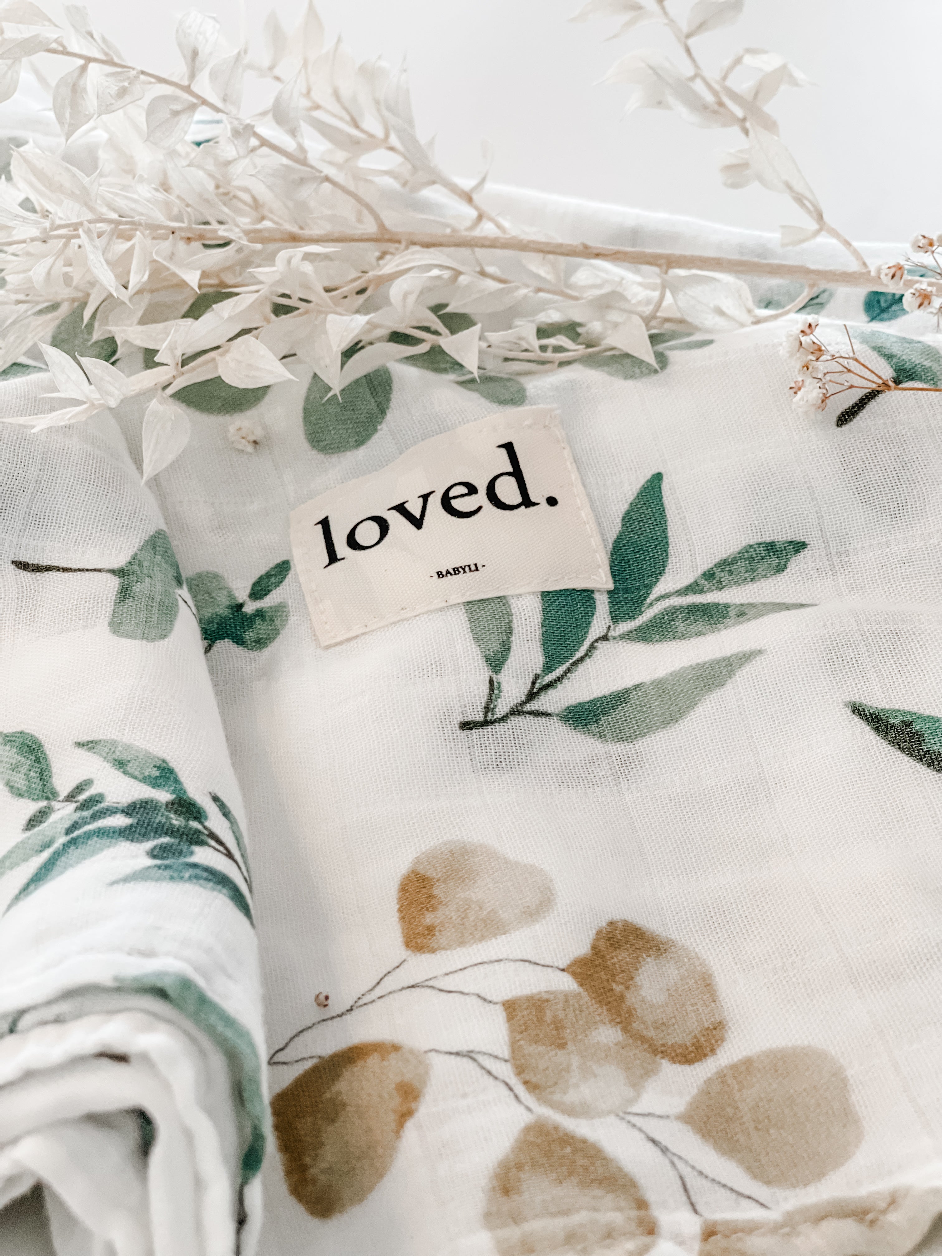 BIO Babydecke Musselintuch 120x120cm Eucalyptuszweige