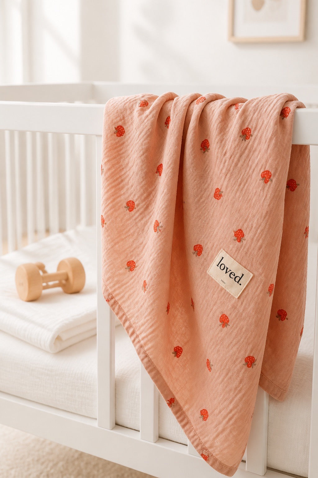 Musselintuch, Stilltuch 120x120cm Erdbeere, Geschenk zur Geburt, Bio Musselin