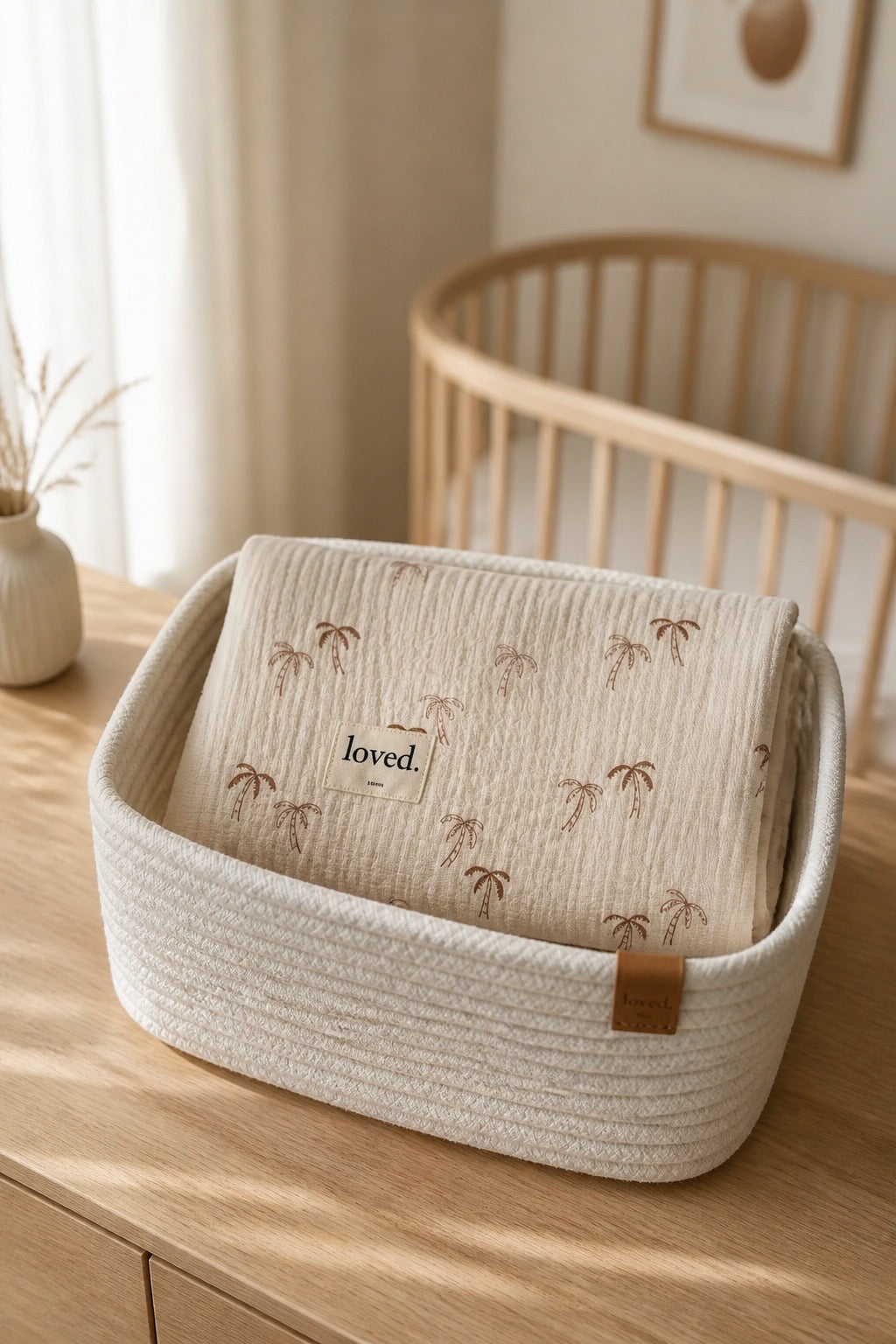 Musselintuch, Stilltuch 120x120cm, Geschenk zur Geburt, Musselindecke Palmen